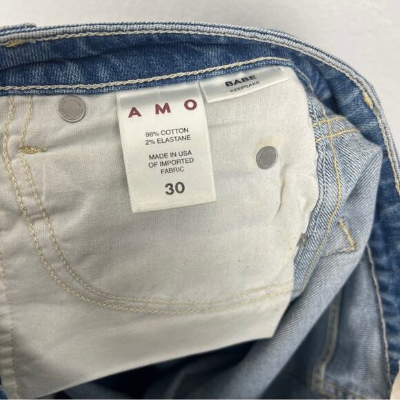 AMO | Babe Jeans in Keepsake Blue Patch Distressed Raw Hem Cropped Grunge 30 - Picture 10 of 11